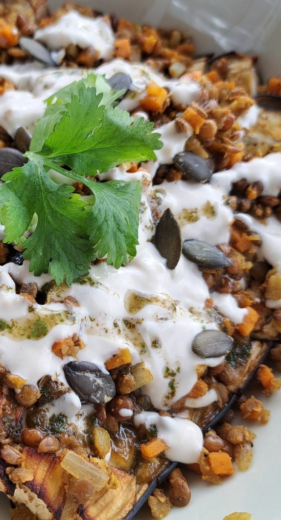 An aubergine dish on a plate